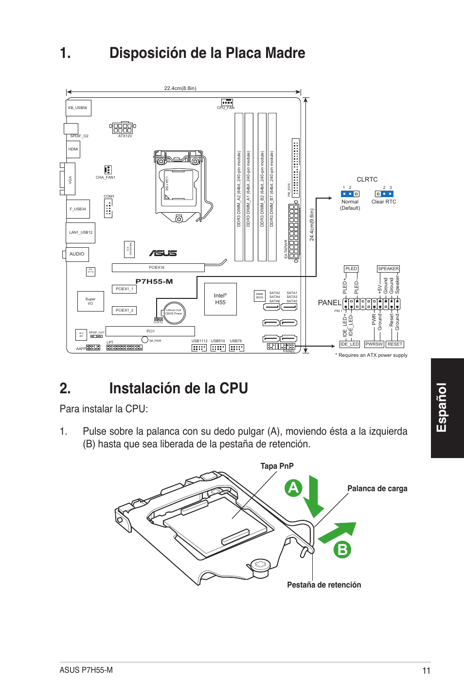 Español, Asus p7h55-m, Palanca de carga pestaña de retención tapa pnp | Panel | Asus P7H55-M/BR User Manual | Page 11 / 42