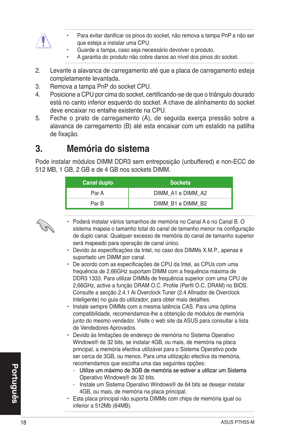 Memória do sistema, Português | Asus P7H55-M/BR User Manual | Page 18 / 42