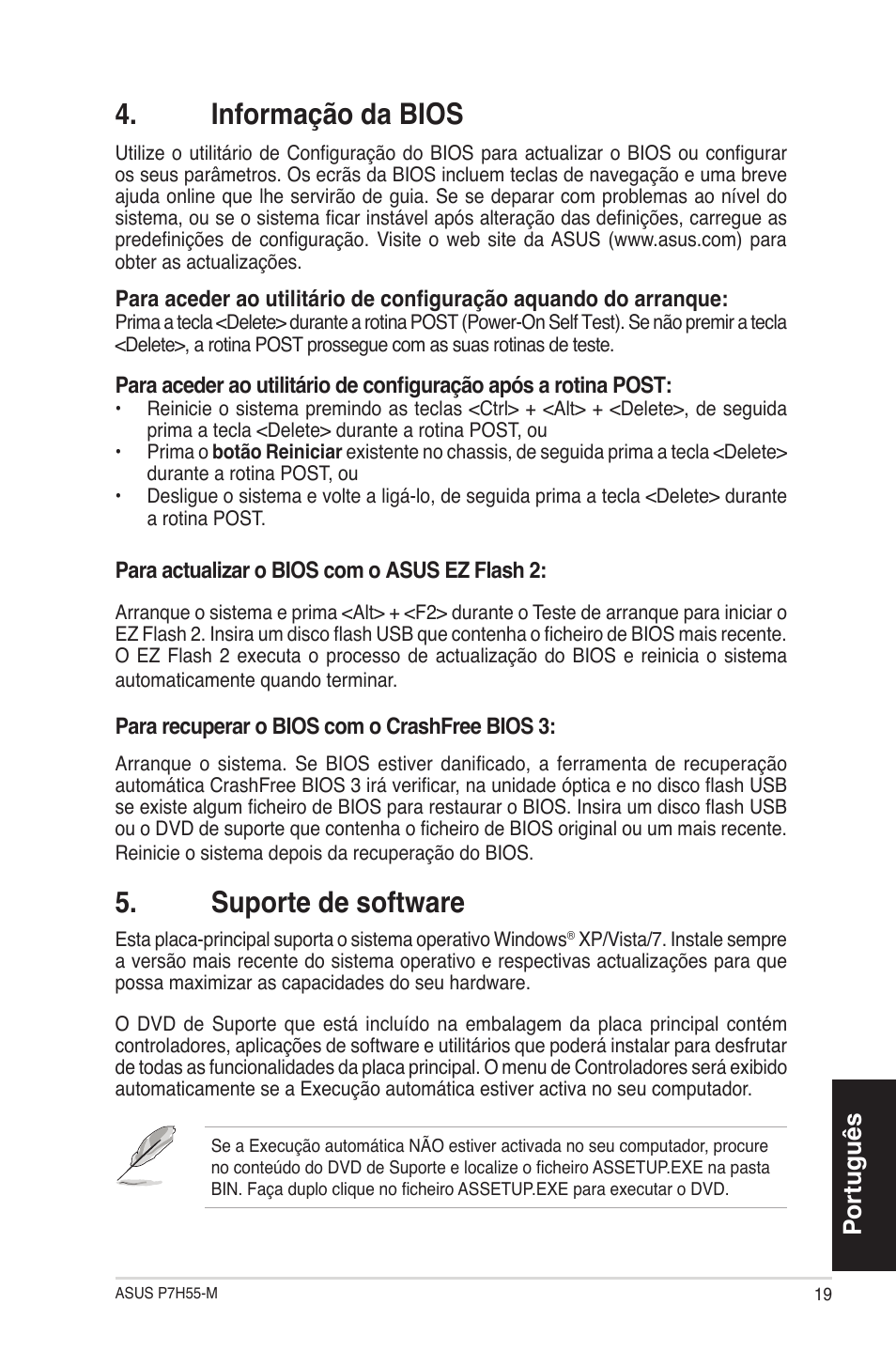 Informação da bios, Suporte de software, Português | Asus P7H55-M/BR User Manual | Page 19 / 42