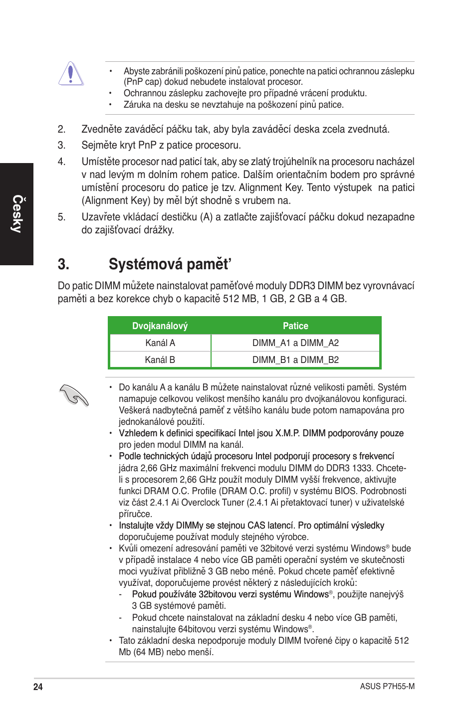 Systémová pamět, Česky | Asus P7H55-M/BR User Manual | Page 24 / 42