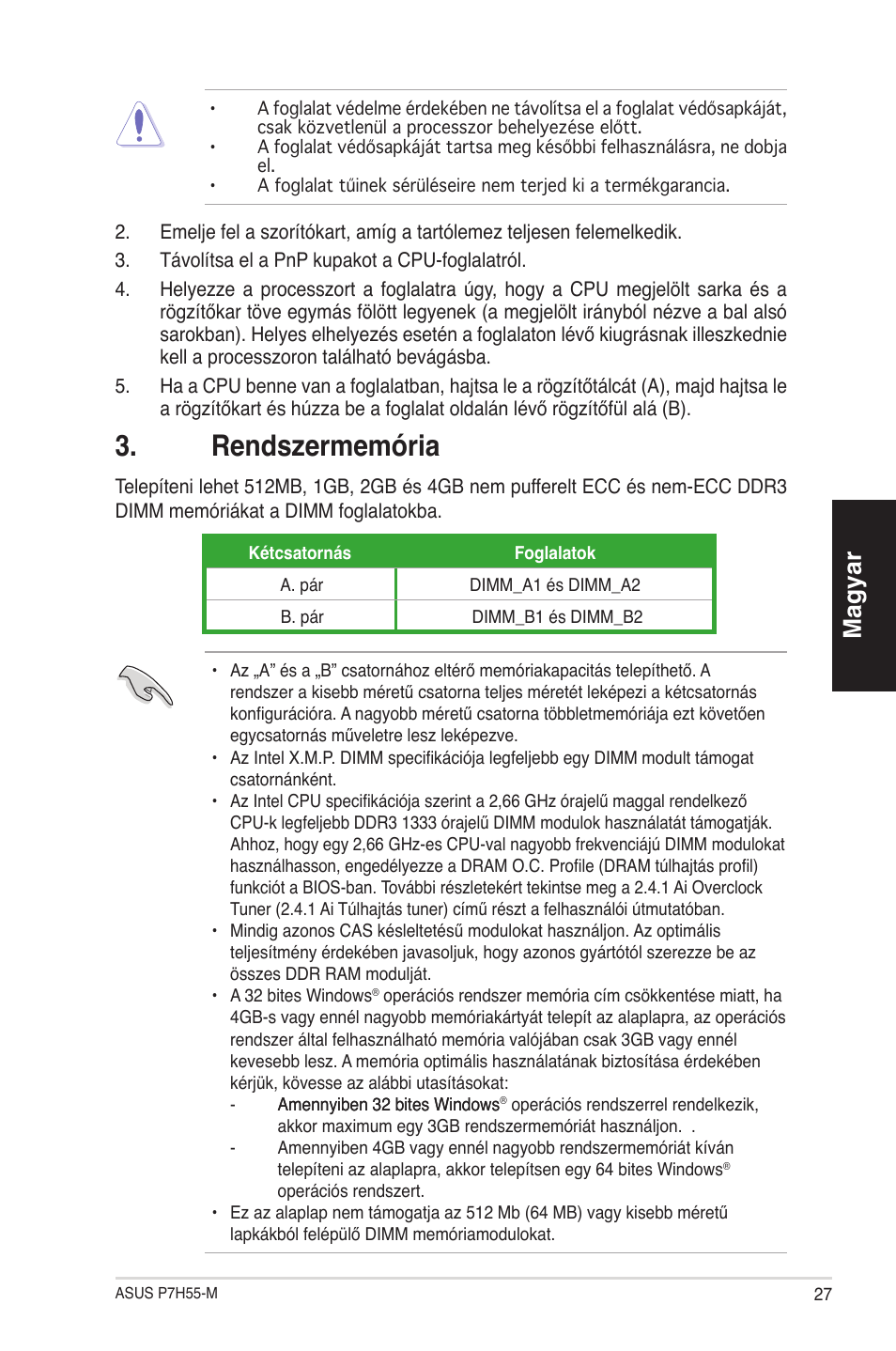 Rendszermemória, Magyar | Asus P7H55-M/BR User Manual | Page 27 / 42