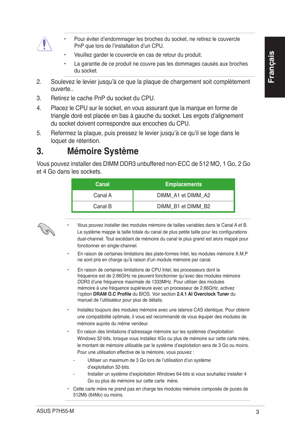 Mémoire système, Français | Asus P7H55-M/BR User Manual | Page 3 / 42