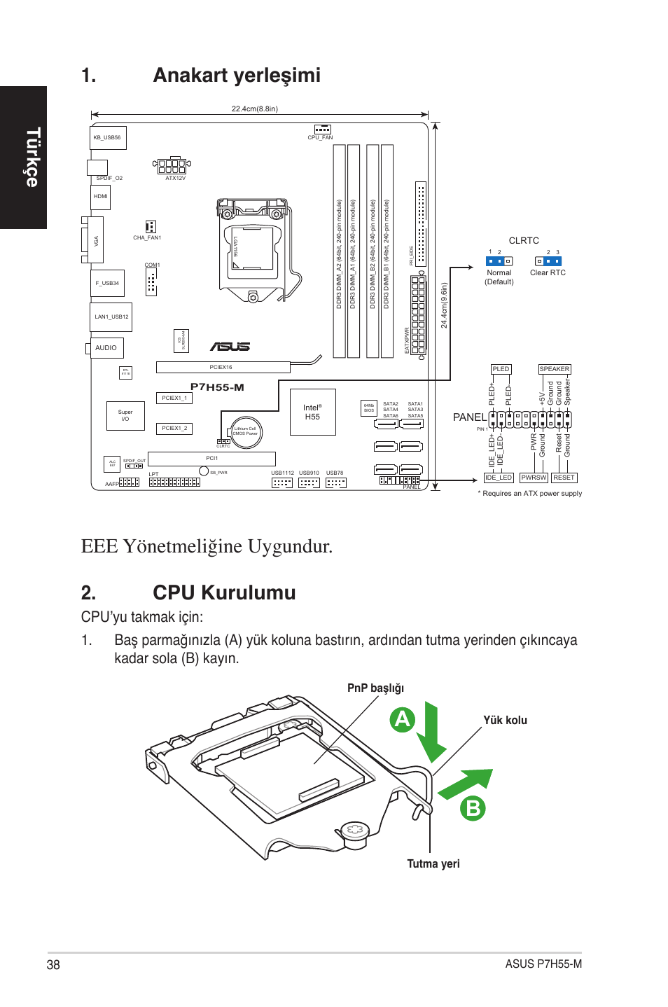 Anakart yerleşimi 2. cpu kurulumu, Eee yönetmeliğine uygundur, Türkçe | Asus p7h55-m, Tutma yeri yük kolu pnp başlığı, Panel | Asus P7H55-M/BR User Manual | Page 38 / 42