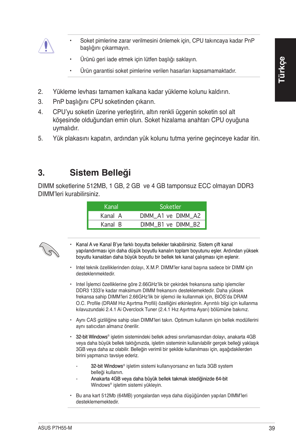 Sistem belleği, Türkçe | Asus P7H55-M/BR User Manual | Page 39 / 42