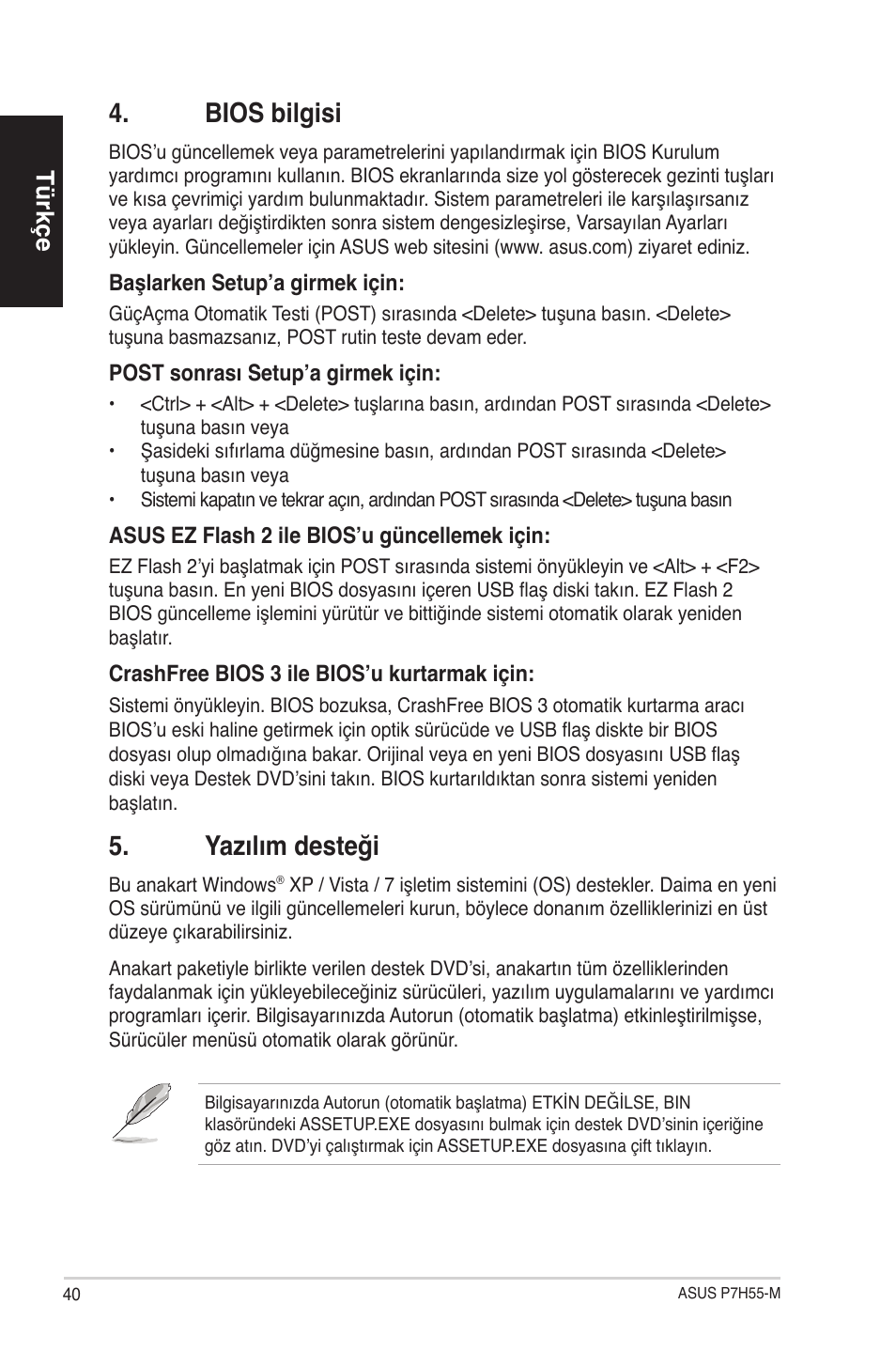 Bios bilgisi, Yazılım desteği, Türkçe | Asus P7H55-M/BR User Manual | Page 40 / 42