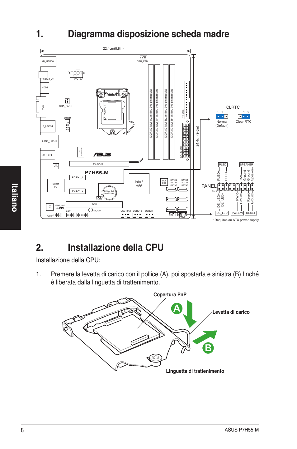 Italiano, Asus p7h55-m, Panel | Asus P7H55-M/BR User Manual | Page 8 / 42