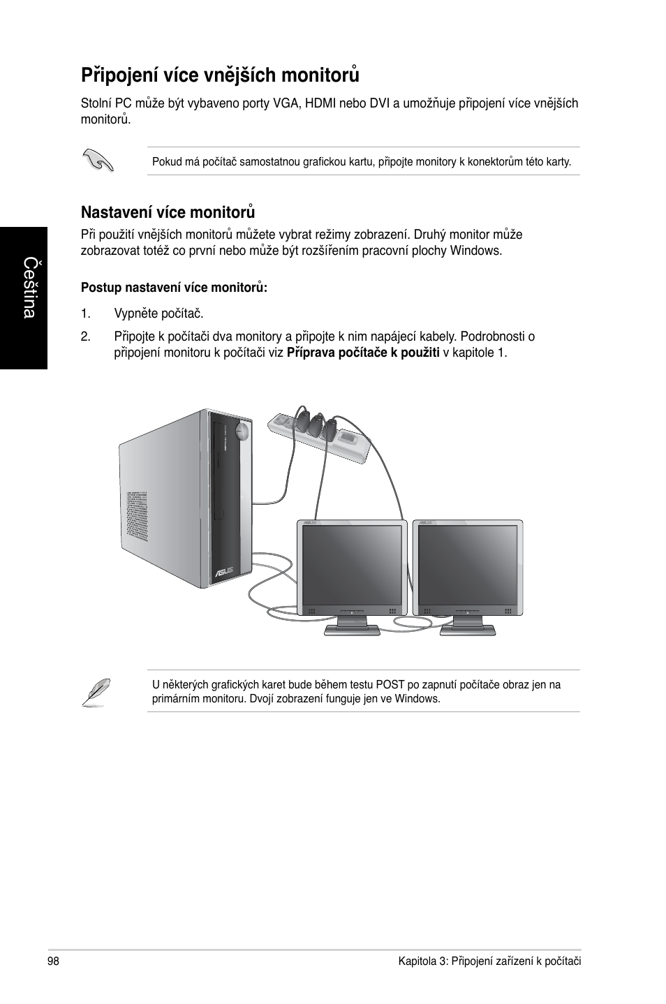 Připojení více vnějších monitorů, Čeština, Nastavení více monitorů | Asus CP3130 User Manual | Page 100 / 478