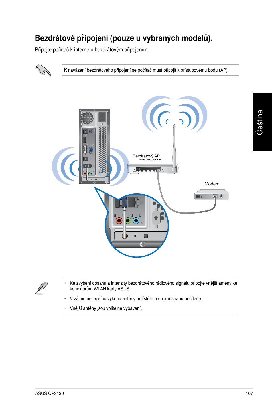 Bezdrátové připojení (pouze u vybraných modelů), Čeština | Asus CP3130 User Manual | Page 109 / 478