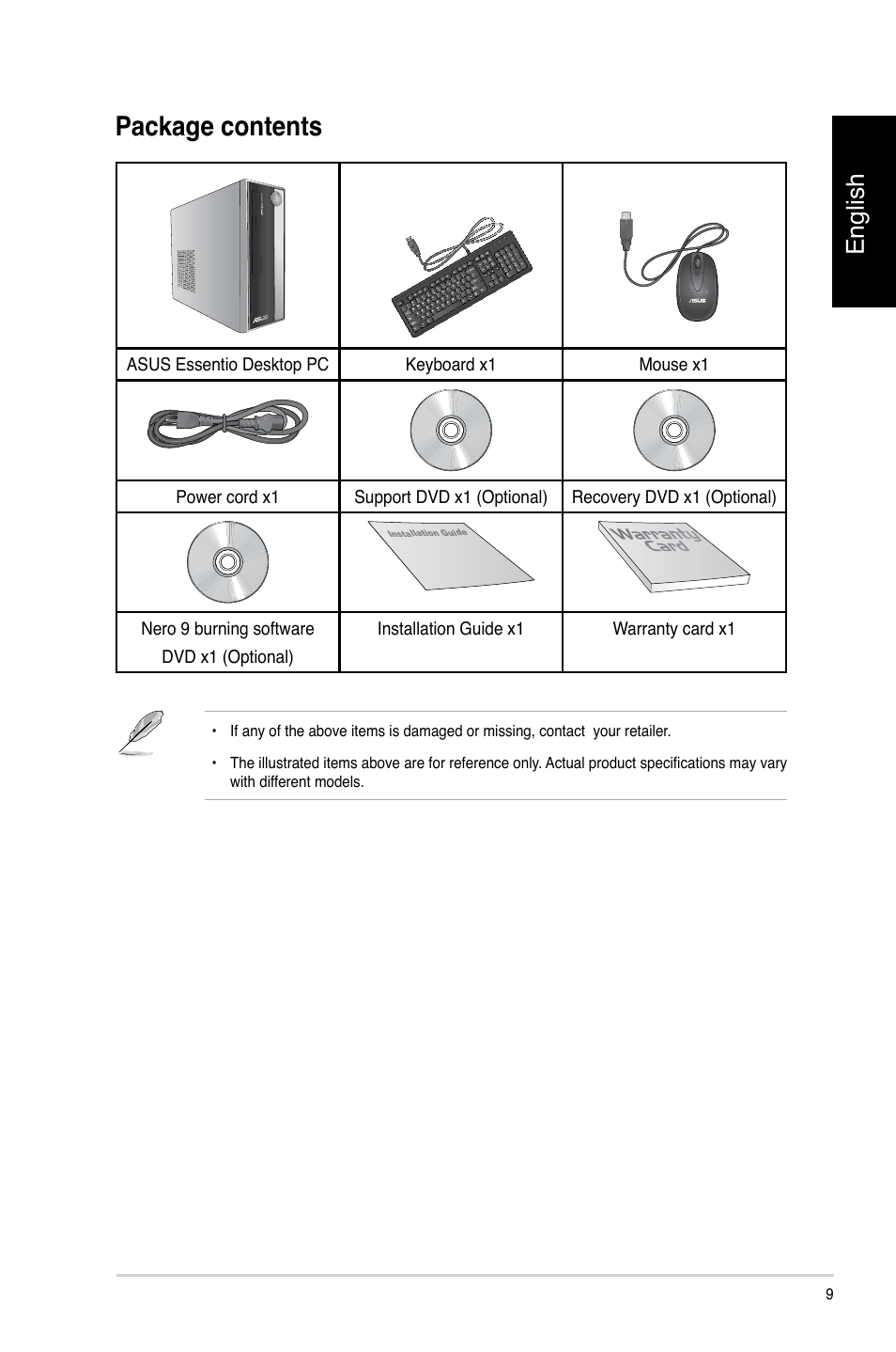 Package contents, English | Asus CP3130 User Manual | Page 11 / 478