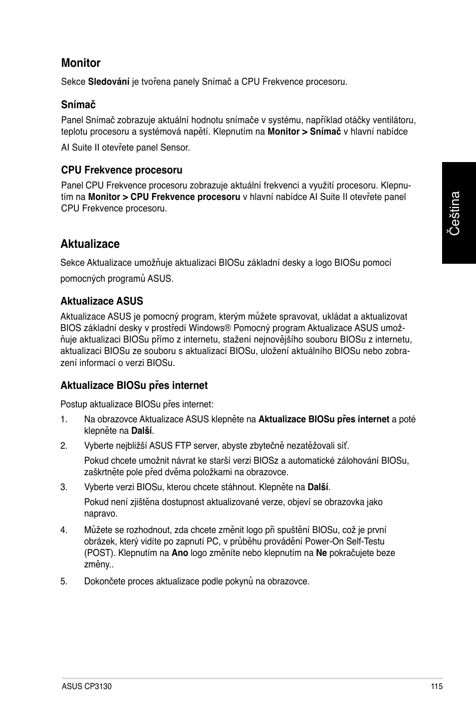 Čeština, Monitor, Aktualizace | Asus CP3130 User Manual | Page 117 / 478