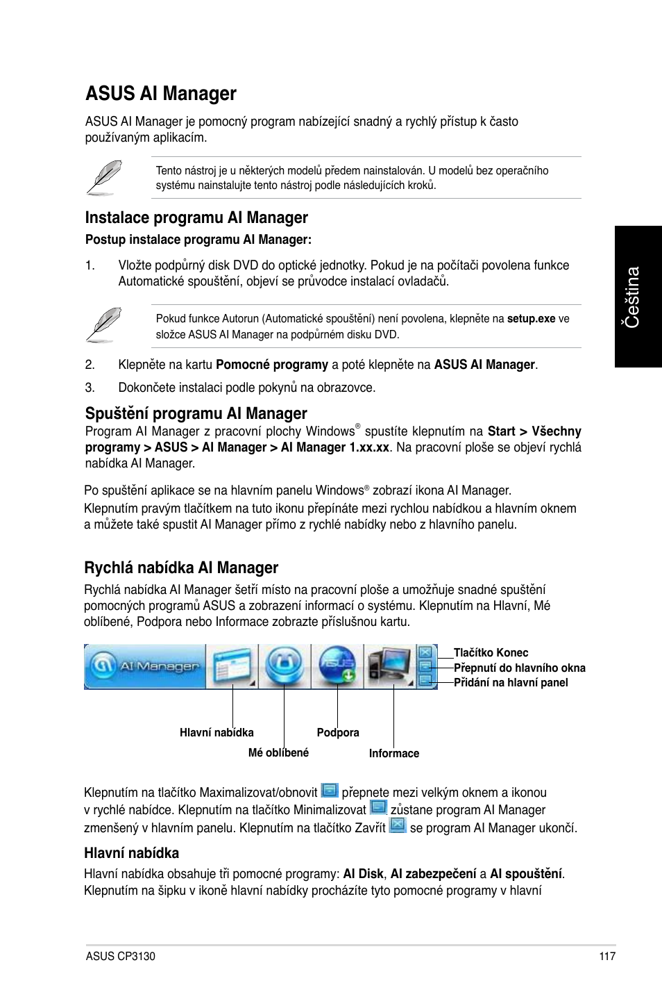 Asus ai manager, Čeština, Rychlá nabídka ai manager | Instalace programu ai manager, Spuštění programu ai manager | Asus CP3130 User Manual | Page 119 / 478