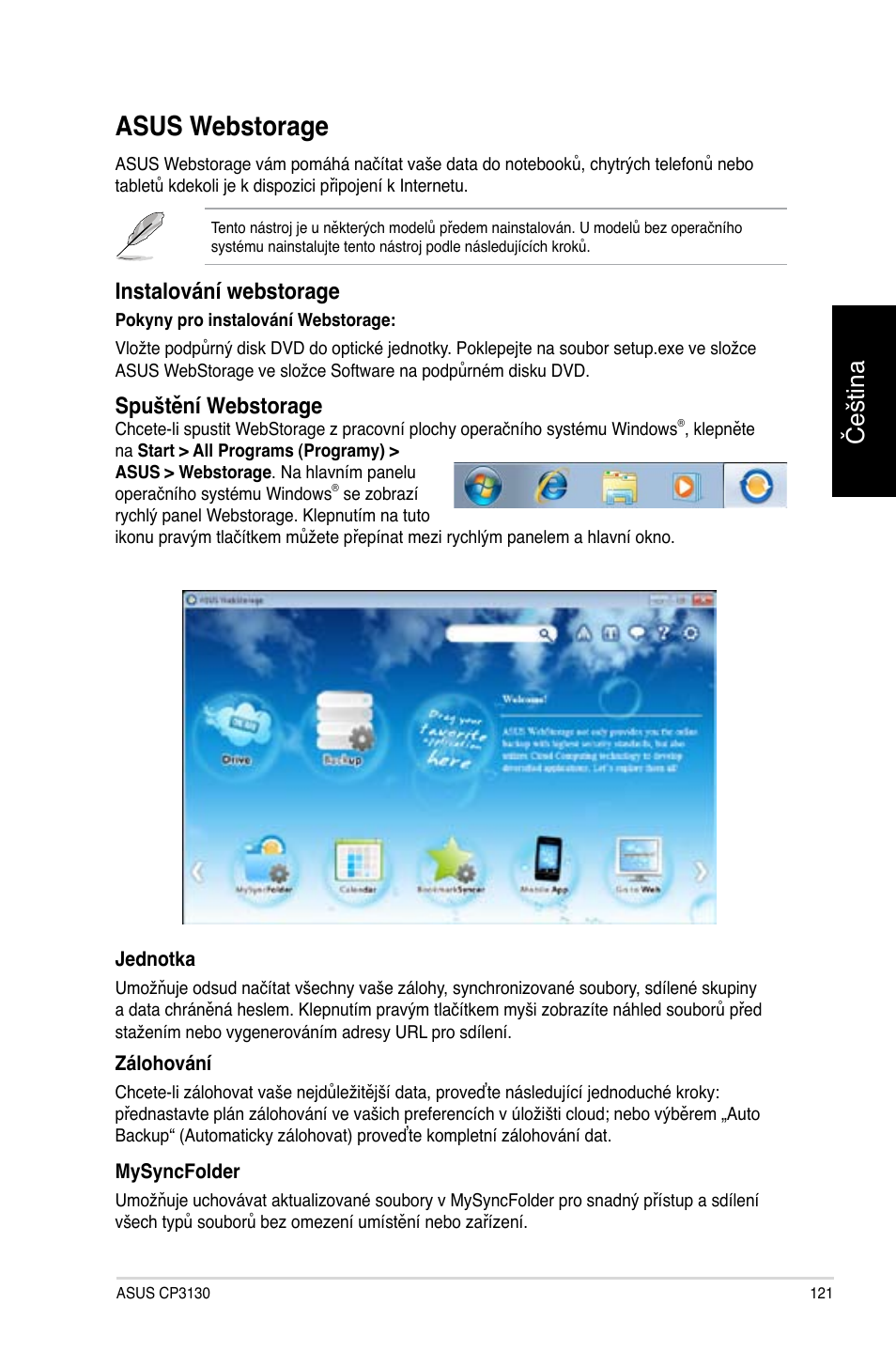 Asus webstorage, Asus webstorage 1, Čeština | Instalování webstorage, Spuštění webstorage | Asus CP3130 User Manual | Page 123 / 478