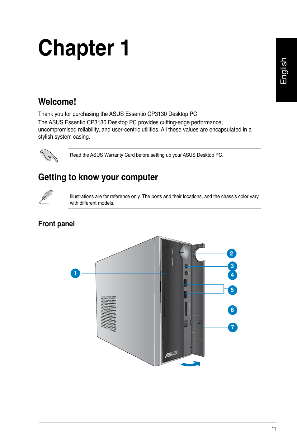 Chapter 1, Getting started, Welcome | Getting to know your computer, Welcome! getting to know your computer | Asus CP3130 User Manual | Page 13 / 478