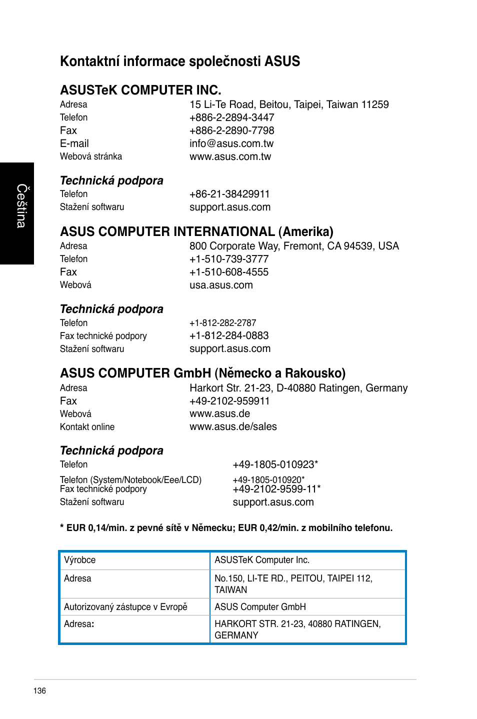 Kontaktní informace společnosti asus, Kontaktní informace společnosti asus 6, Čeština | Asustek computer inc, Asus computer international (amerika), Asus computer gmbh (německo a rakousko) | Asus CP3130 User Manual | Page 138 / 478