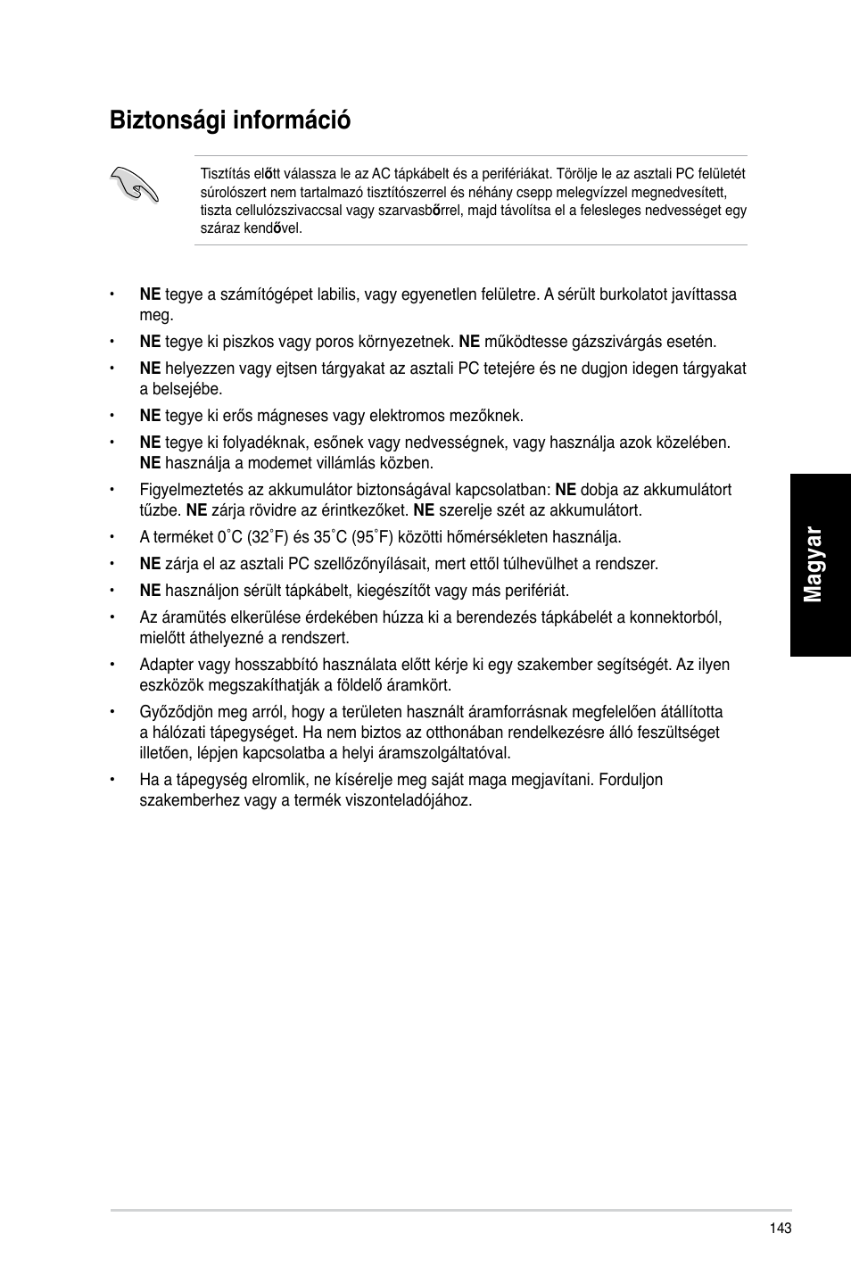 Biztonsági információ, Mag ya r m ag ya r m ag ya r m ag ya r | Asus CP3130 User Manual | Page 145 / 478