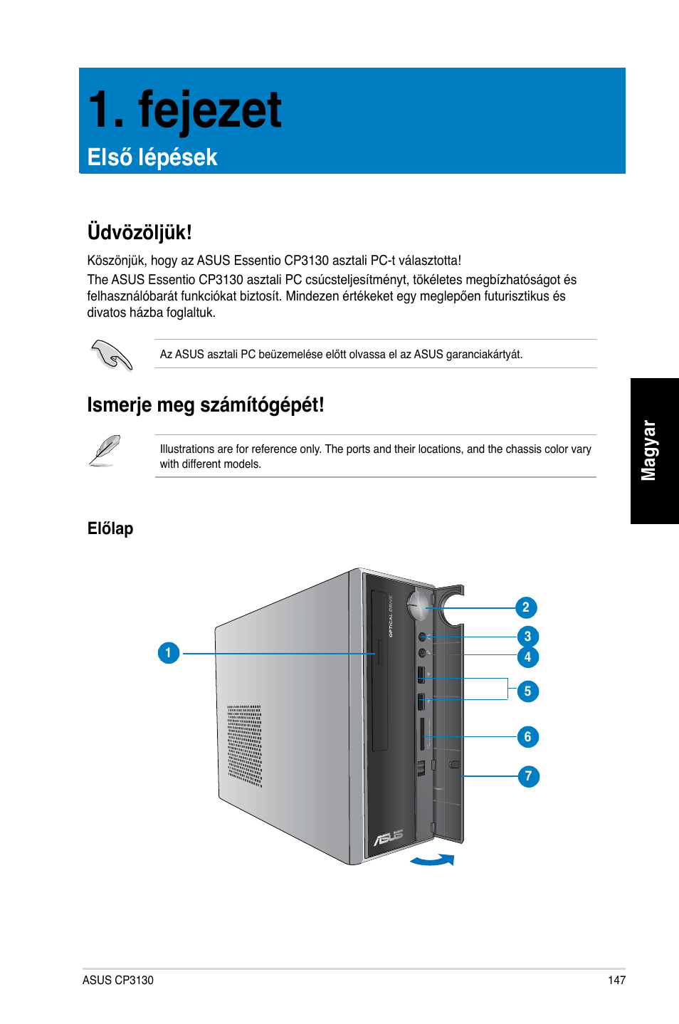 Fejezet, Első lépések, Üdvözöljük | Ismerje meg számítógépét, Üdvözöljük! ismerje meg számítógépét | Asus CP3130 User Manual | Page 149 / 478