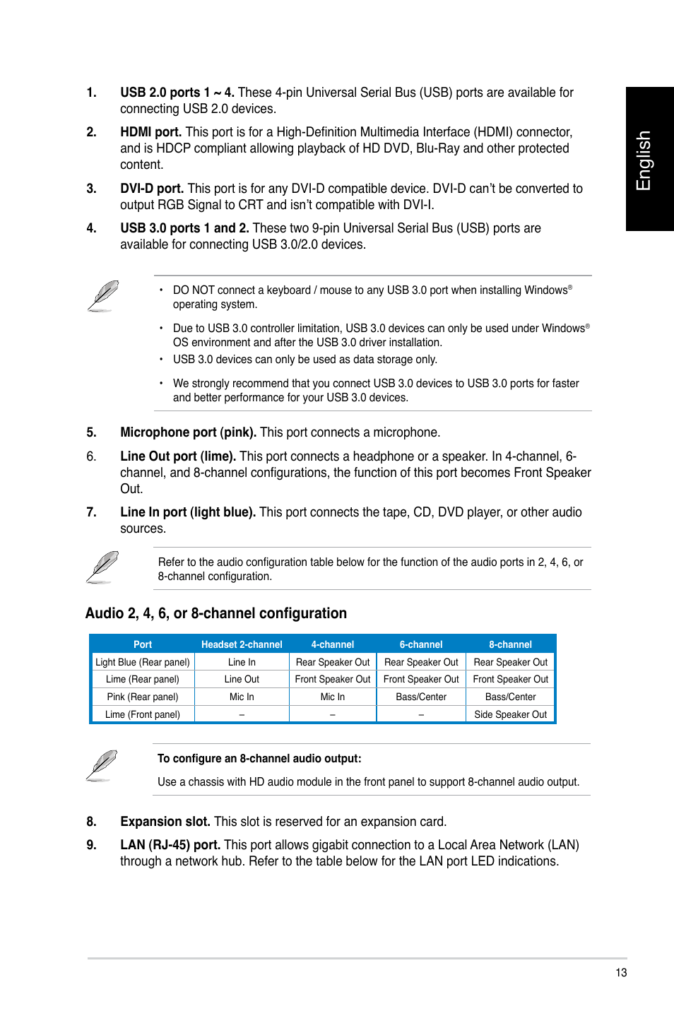 English, Audio 2, 4, 6, or 8-channel configuration | Asus CP3130 User Manual | Page 15 / 478