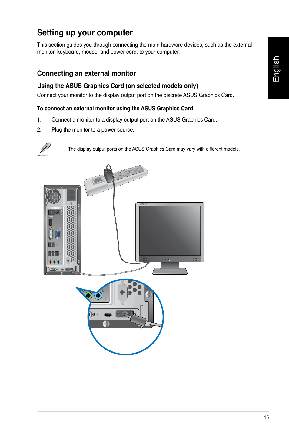 Setting up your computer, English, Connecting an external monitor | Asus CP3130 User Manual | Page 17 / 478