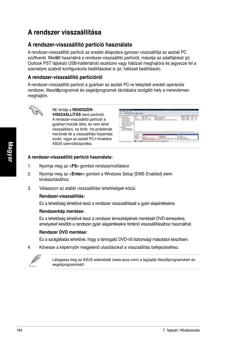 A rendszer visszaállítása, Mag ya r m ag ya r m ag ya r m ag ya r, A rendszer-visszaállító partíció használata | Asus CP3130 User Manual | Page 196 / 478