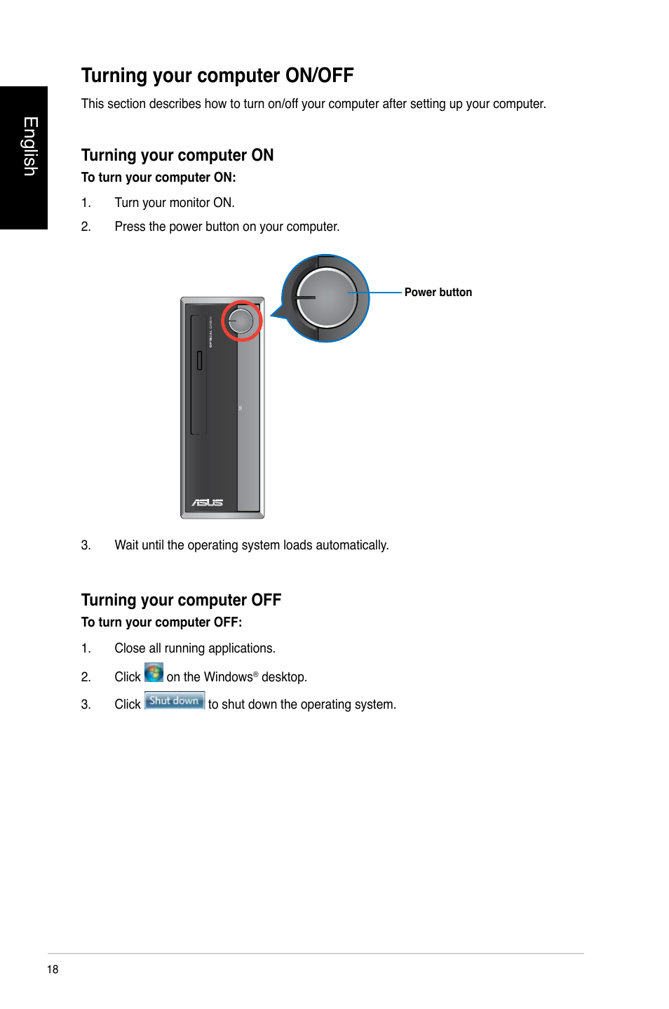 Turning your computer on/off, English, Turning your computer on | Turning your computer off | Asus CP3130 User Manual | Page 20 / 478