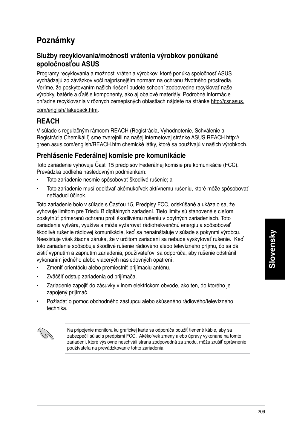 Poznámky, Slovensky, Reach | Prehlásenie federálnej komisie pre komunikácie | Asus CP3130 User Manual | Page 211 / 478