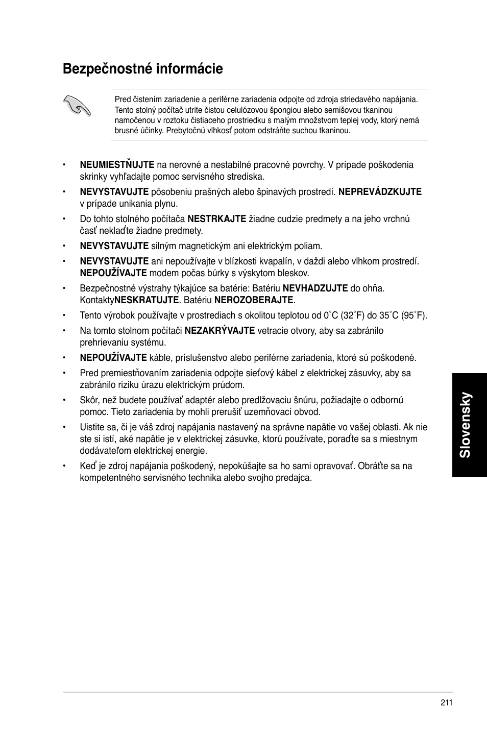 Bezpečnostné informácie, Slovensky | Asus CP3130 User Manual | Page 213 / 478