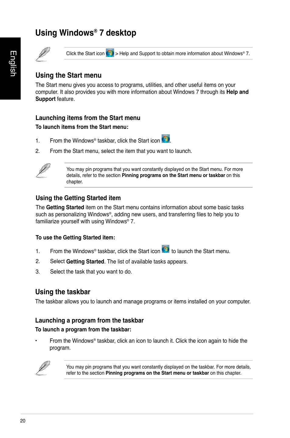 Using windows® 7 desktop, Using windows, Using.windows | 7 desktop, English, Using the start menu, Using the taskbar | Asus CP3130 User Manual | Page 22 / 478