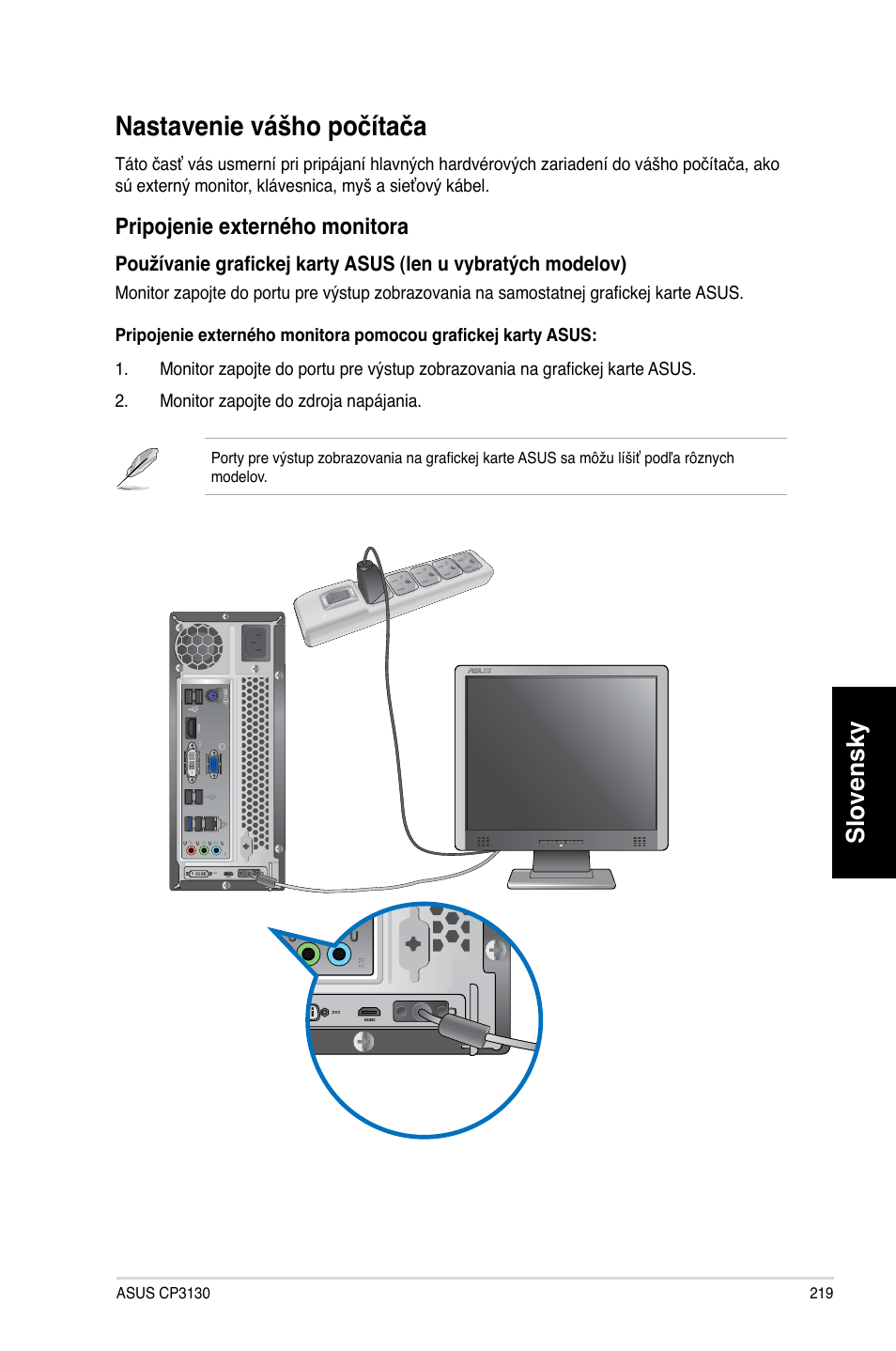 Nastavenie vášho počítača, Slovensky, Pripojenie externého monitora | Asus CP3130 User Manual | Page 221 / 478