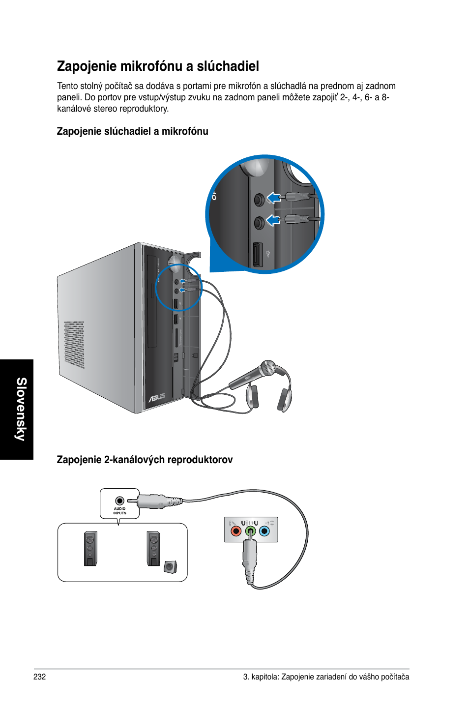 Zapojenie mikrofónu a slúchadiel, Slovensky | Asus CP3130 User Manual | Page 234 / 478