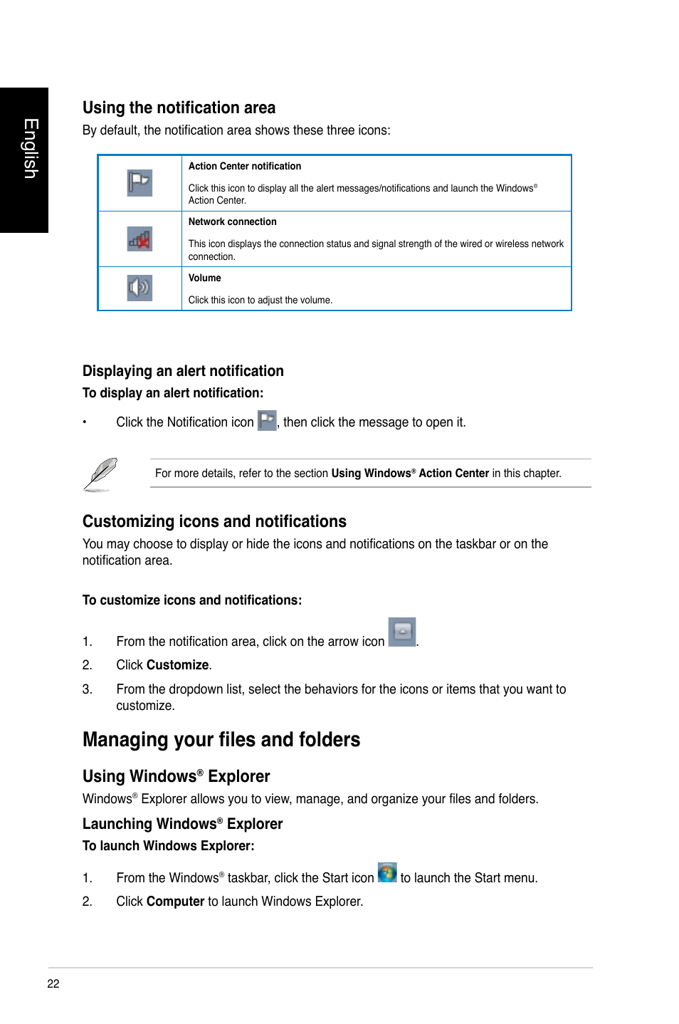 Managing your files and folders, English, Using the notification area | Customizing icons and notifications, Using.windows, Explorer | Asus CP3130 User Manual | Page 24 / 478