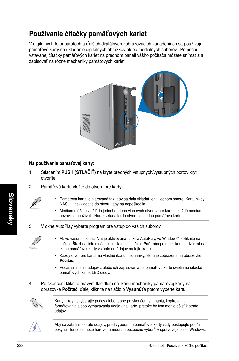 Používanie čítačky pamäťových kariet, Slovensky | Asus CP3130 User Manual | Page 240 / 478