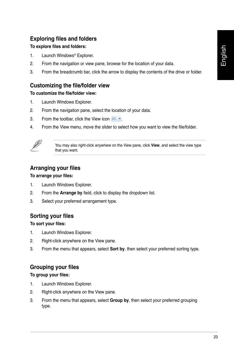 English, Exploring files and folders, Customizing the file/folder view | Arranging your files, Sorting your files, Grouping your files | Asus CP3130 User Manual | Page 25 / 478