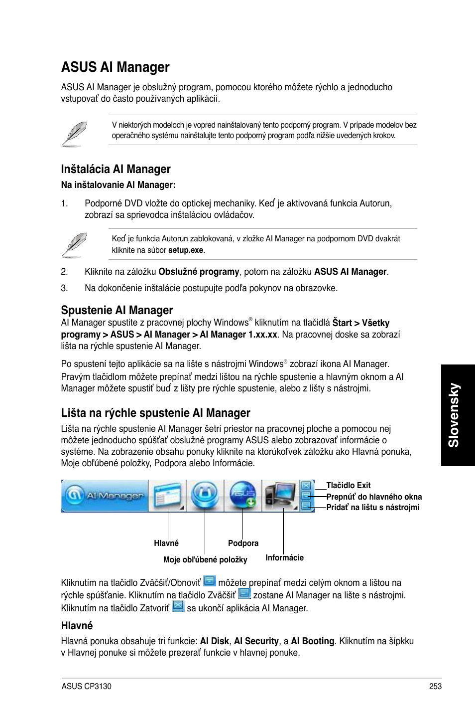 Asus ai manager, Slovensky, Lišta na rýchle spustenie ai manager | Inštalácia ai manager, Spustenie ai manager | Asus CP3130 User Manual | Page 255 / 478