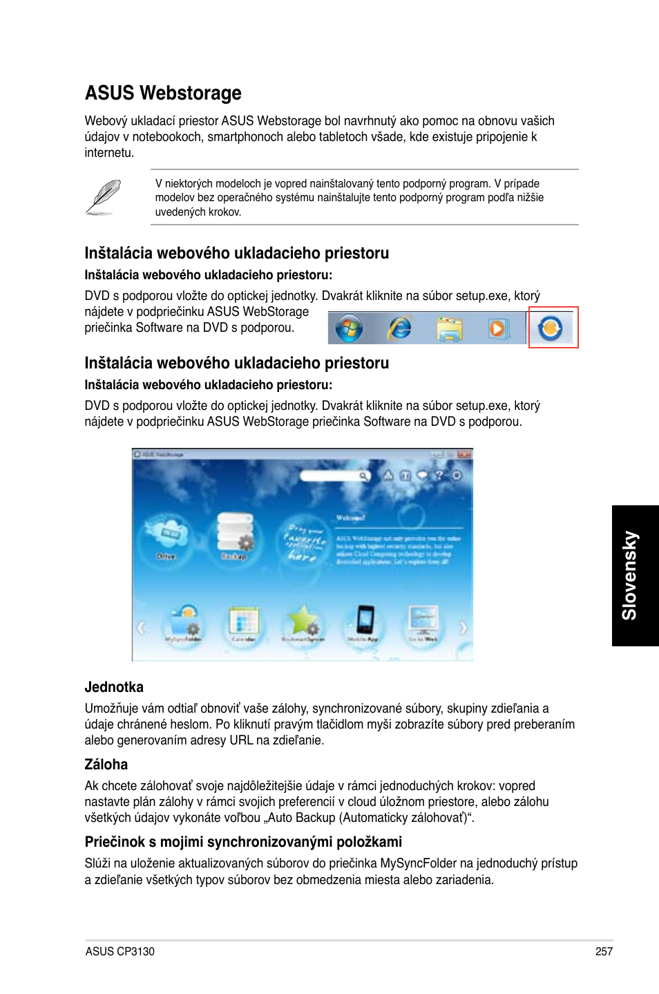 Asus webstorage, Slovensky, Inštalácia webového ukladacieho priestoru | Asus CP3130 User Manual | Page 259 / 478