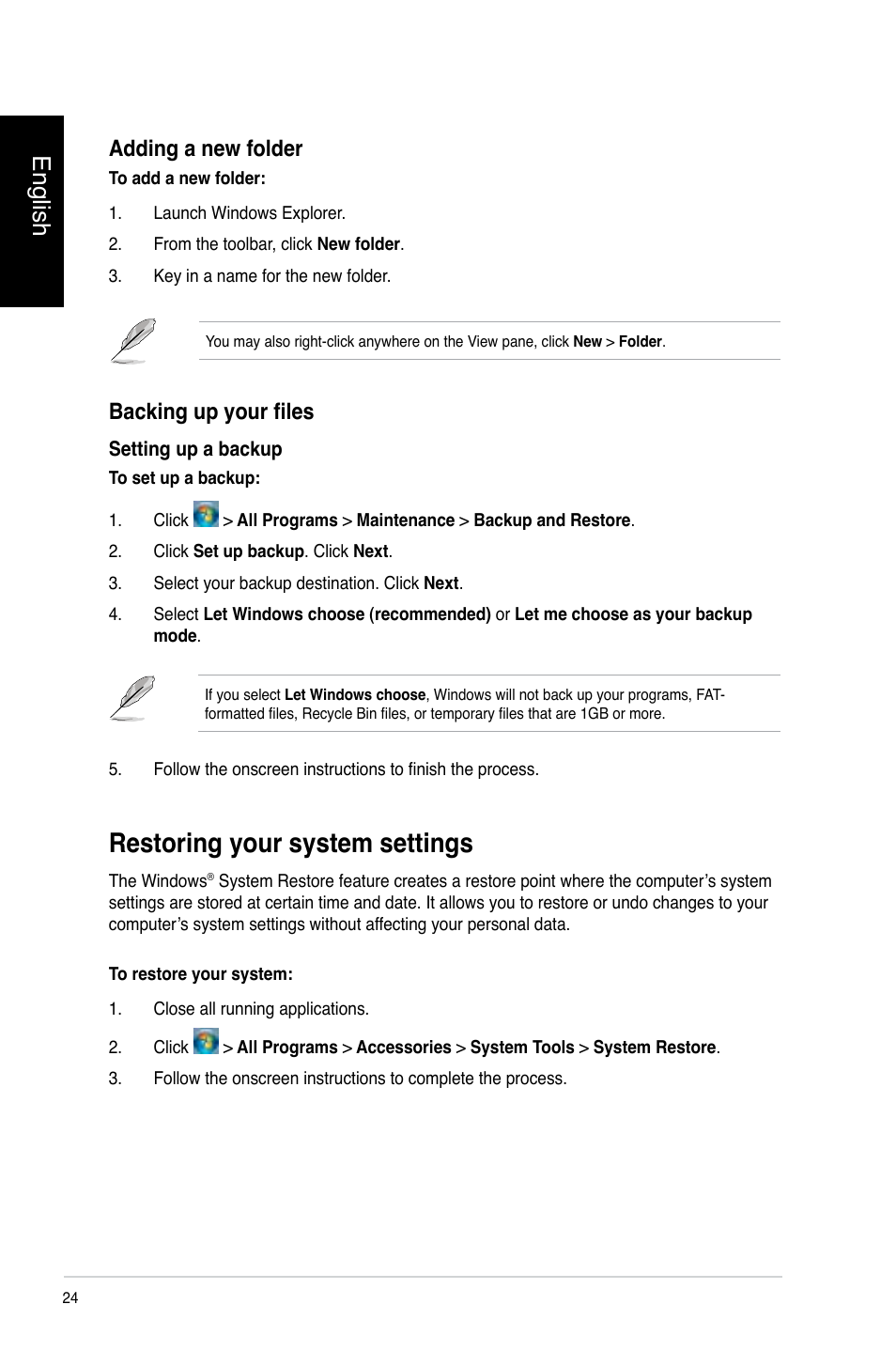 Restoring your system settings, English, Adding a new folder | Backing up your files | Asus CP3130 User Manual | Page 26 / 478