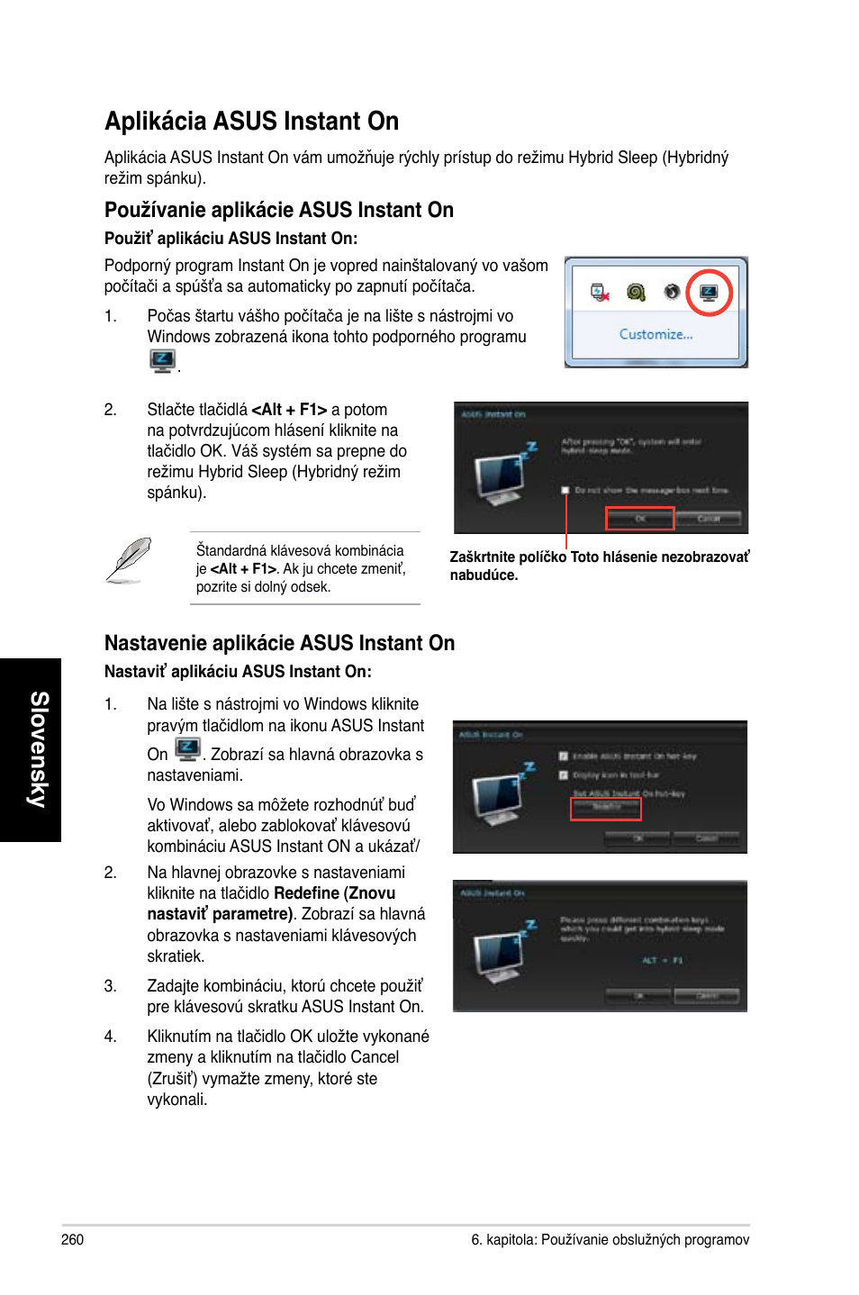 Aplikácia asus instant on, Slovensky, Používanie aplikácie asus instant on | Nastavenie aplikácie asus instant on | Asus CP3130 User Manual | Page 262 / 478