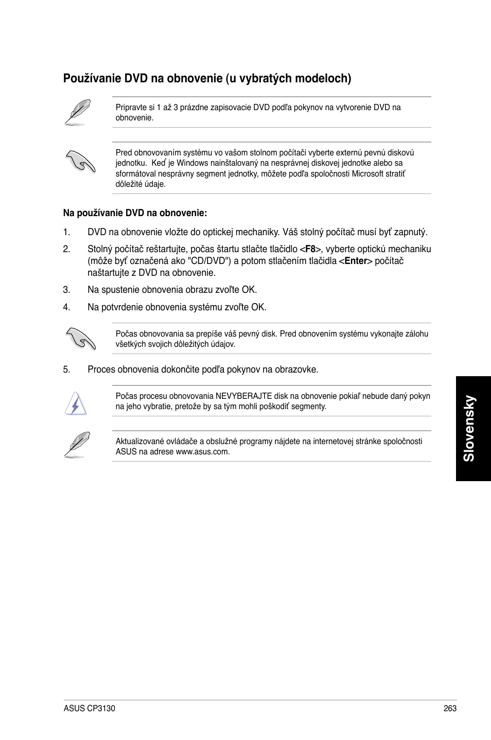 Slovensky, Používanie dvd na obnovenie (u vybratých modeloch) | Asus CP3130 User Manual | Page 265 / 478