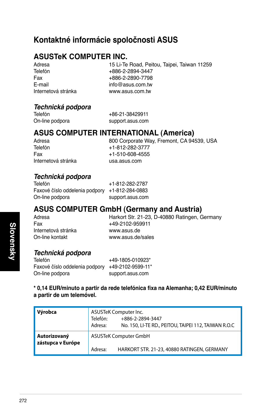 Kontaktné informácie spoločnosti asus, Slovensky, Asustek computer inc | Asus computer international (america), Asus computer gmbh (germany and austria), Technická podpora | Asus CP3130 User Manual | Page 274 / 478