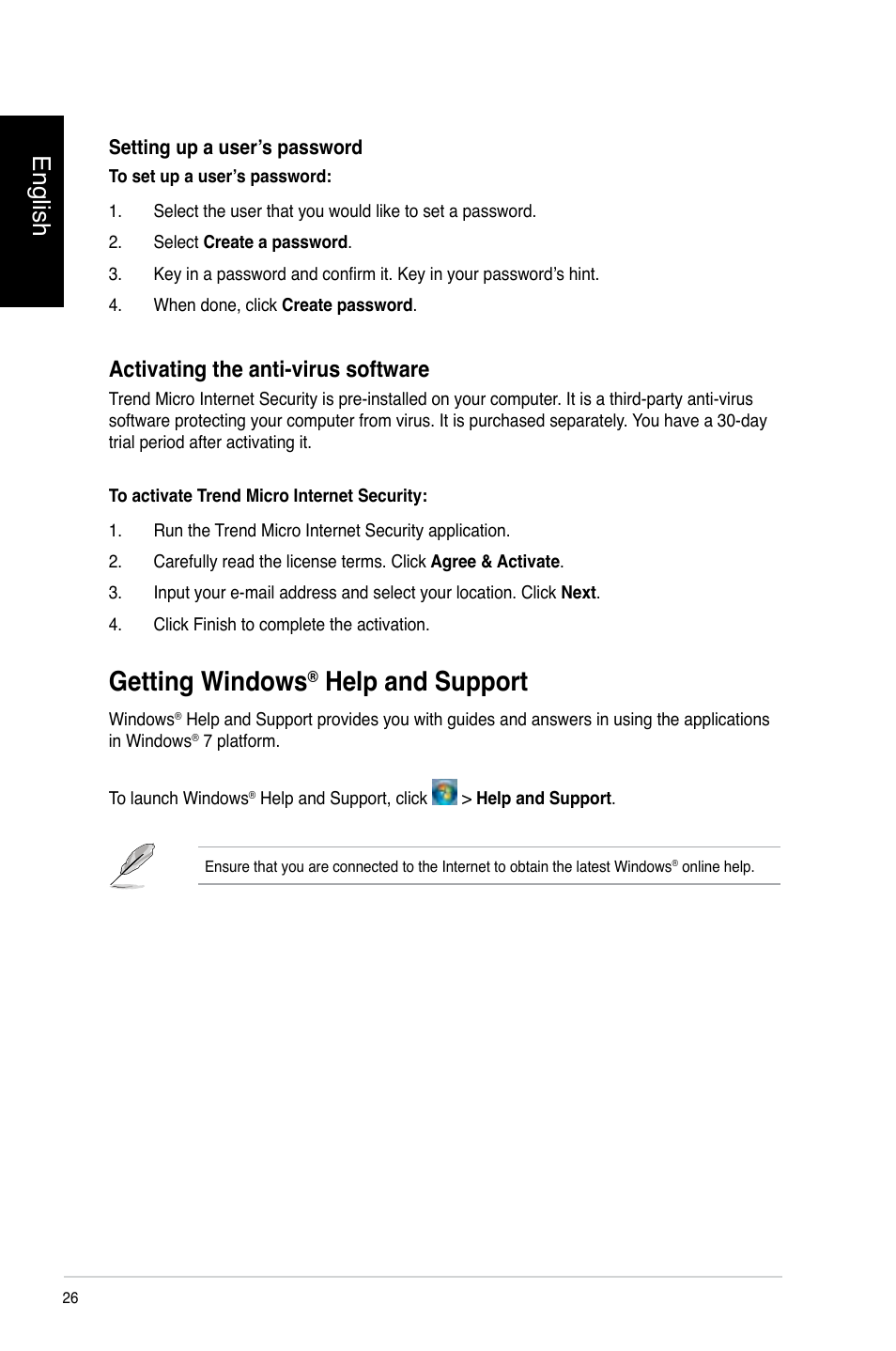 Getting windows® help and support, Getting windows, Help and support | English, Activating the anti-virus software | Asus CP3130 User Manual | Page 28 / 478