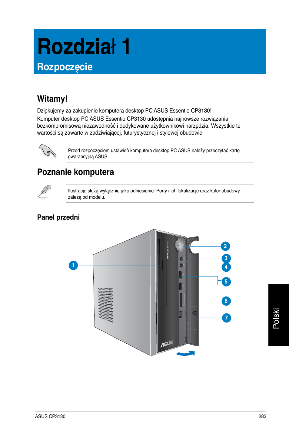 Rozdział 1, Rozpoczęcie, Witamy | Poznanie komputera, Rozdzia ł .1 | Asus CP3130 User Manual | Page 285 / 478