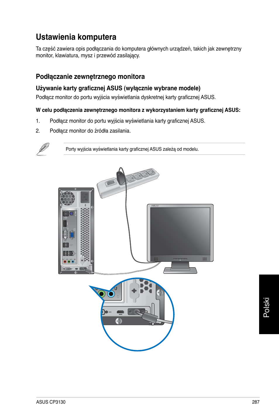 Ustawienia komputera, Polski, Podłączanie zewnętrznego monitora | Asus CP3130 User Manual | Page 289 / 478