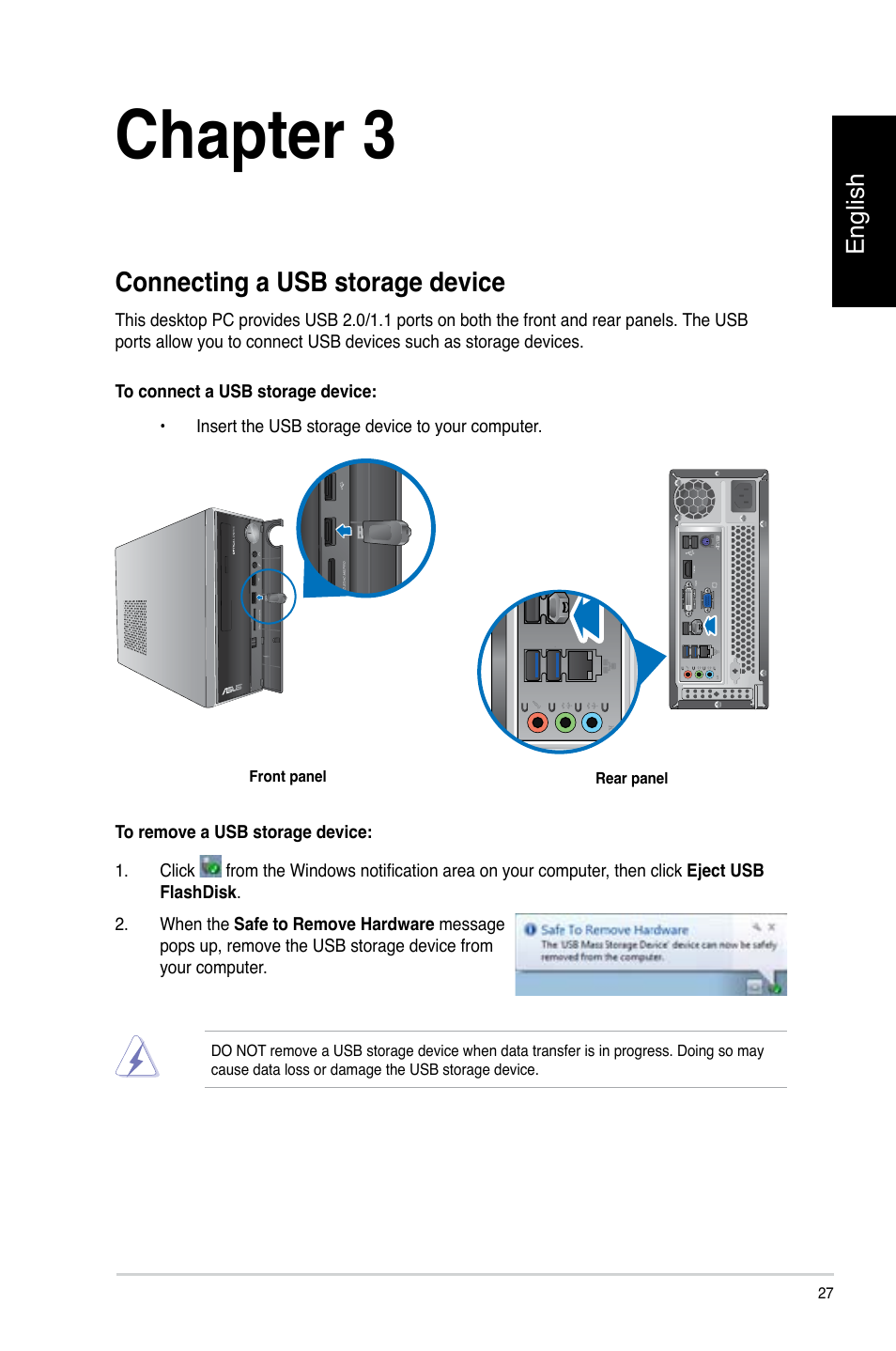 Chapter 3, Connecting devices to your computer, Connecting a usb storage device | Asus CP3130 User Manual | Page 29 / 478