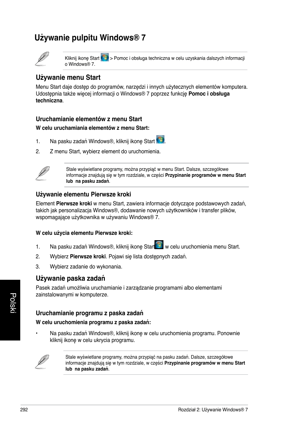 Używanie pulpitu windows® 7, Polski, Używanie menu start | Używanie paska zadań | Asus CP3130 User Manual | Page 294 / 478