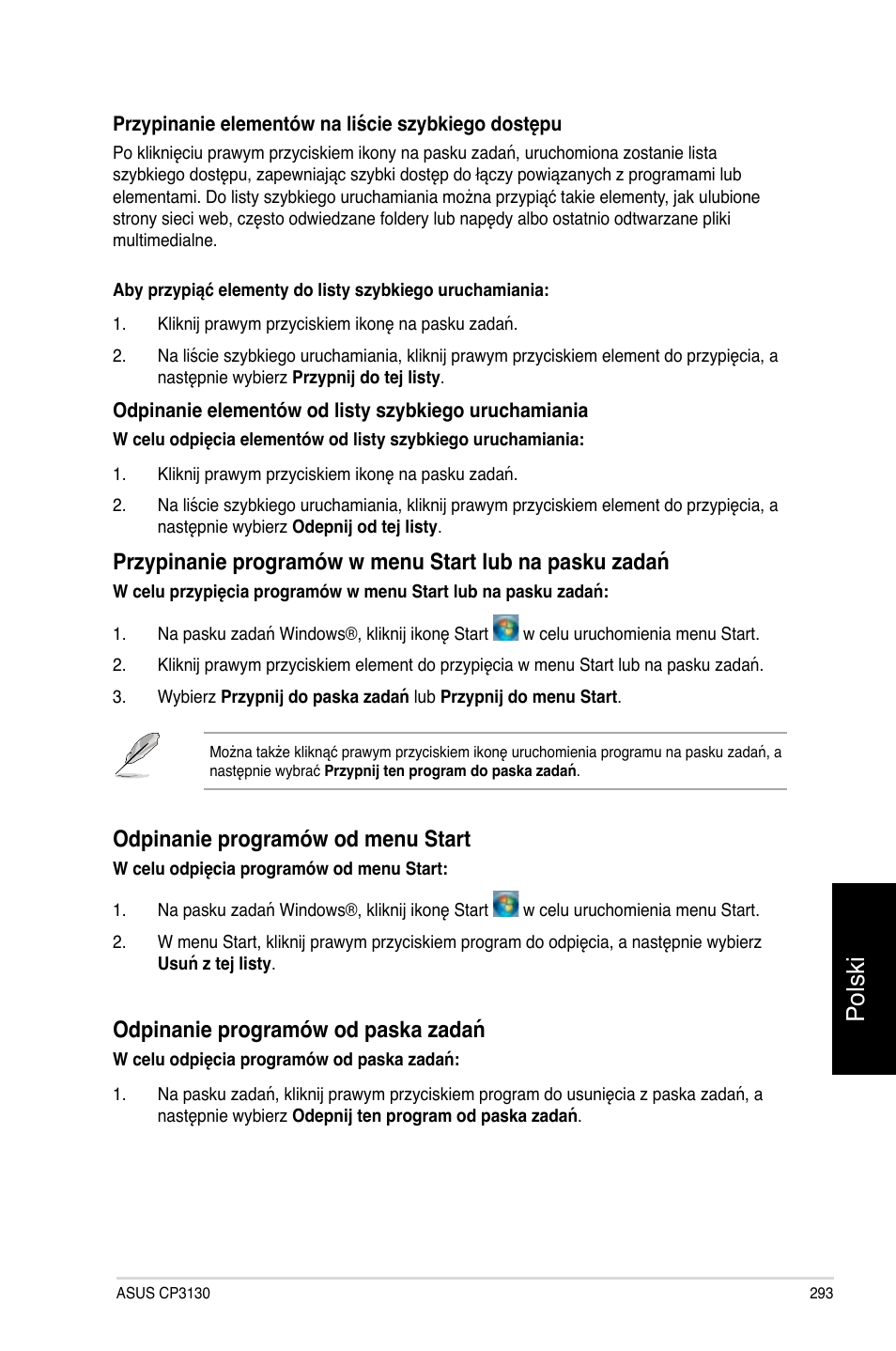 Polski, Odpinanie programów od menu start, Odpinanie programów od paska zadań | Asus CP3130 User Manual | Page 295 / 478