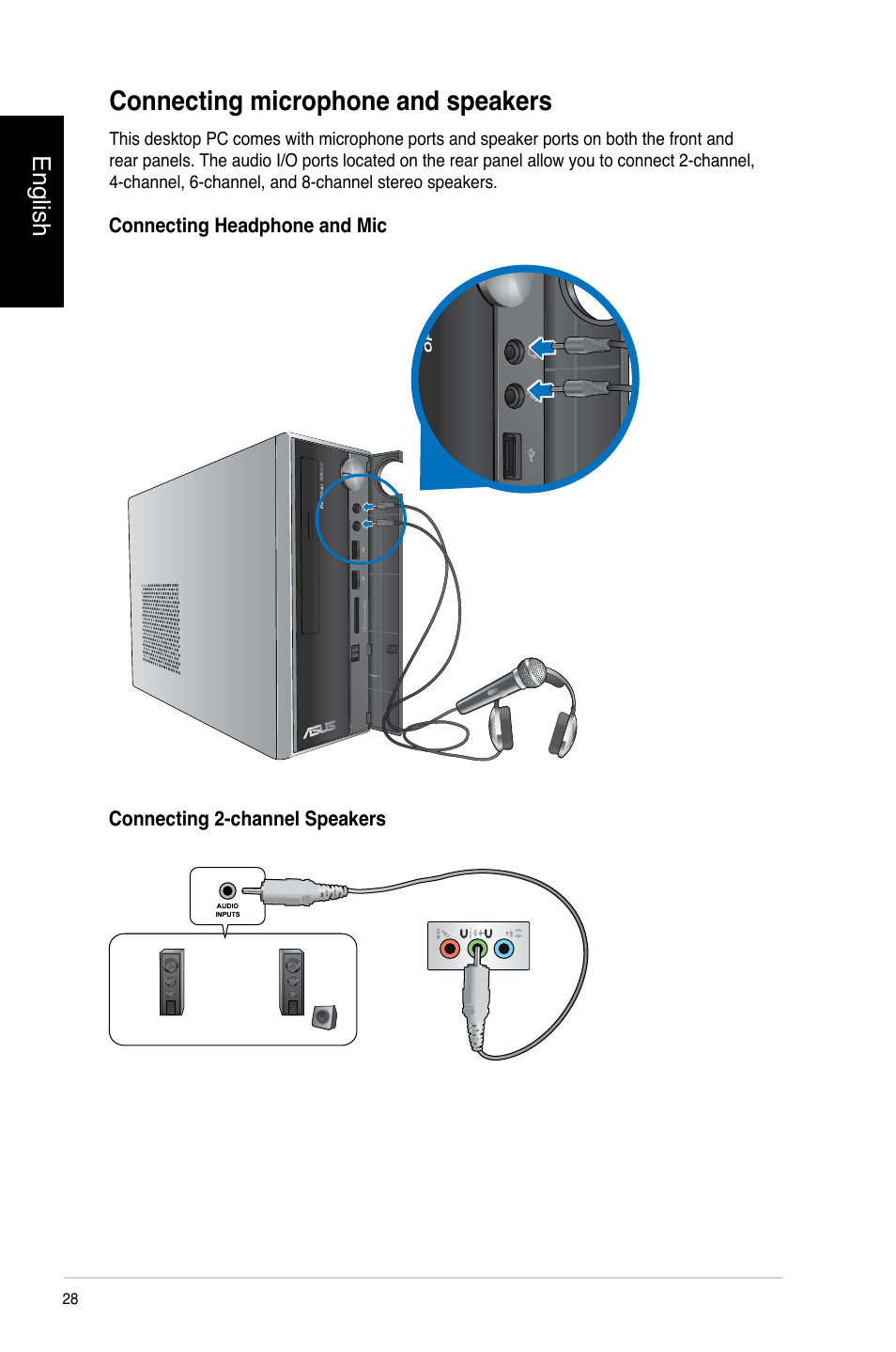 Connecting microphone and speakers, English | Asus CP3130 User Manual | Page 30 / 478