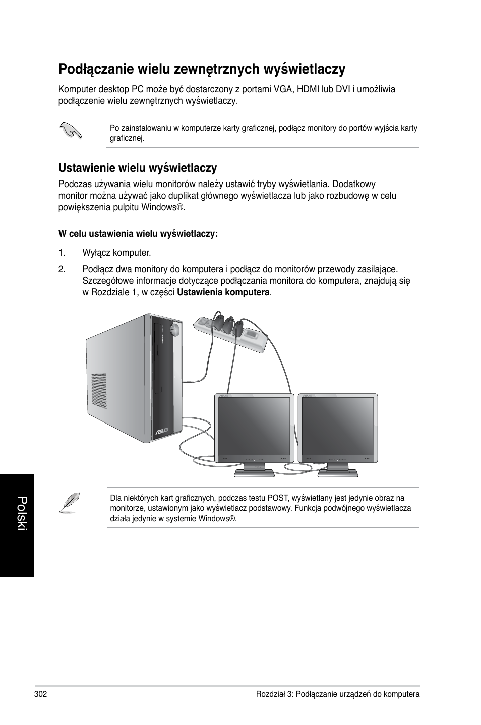 Podłączanie wielu zewnętrznych wyświetlaczy, Polski, Ustawienie wielu wyświetlaczy | Asus CP3130 User Manual | Page 304 / 478