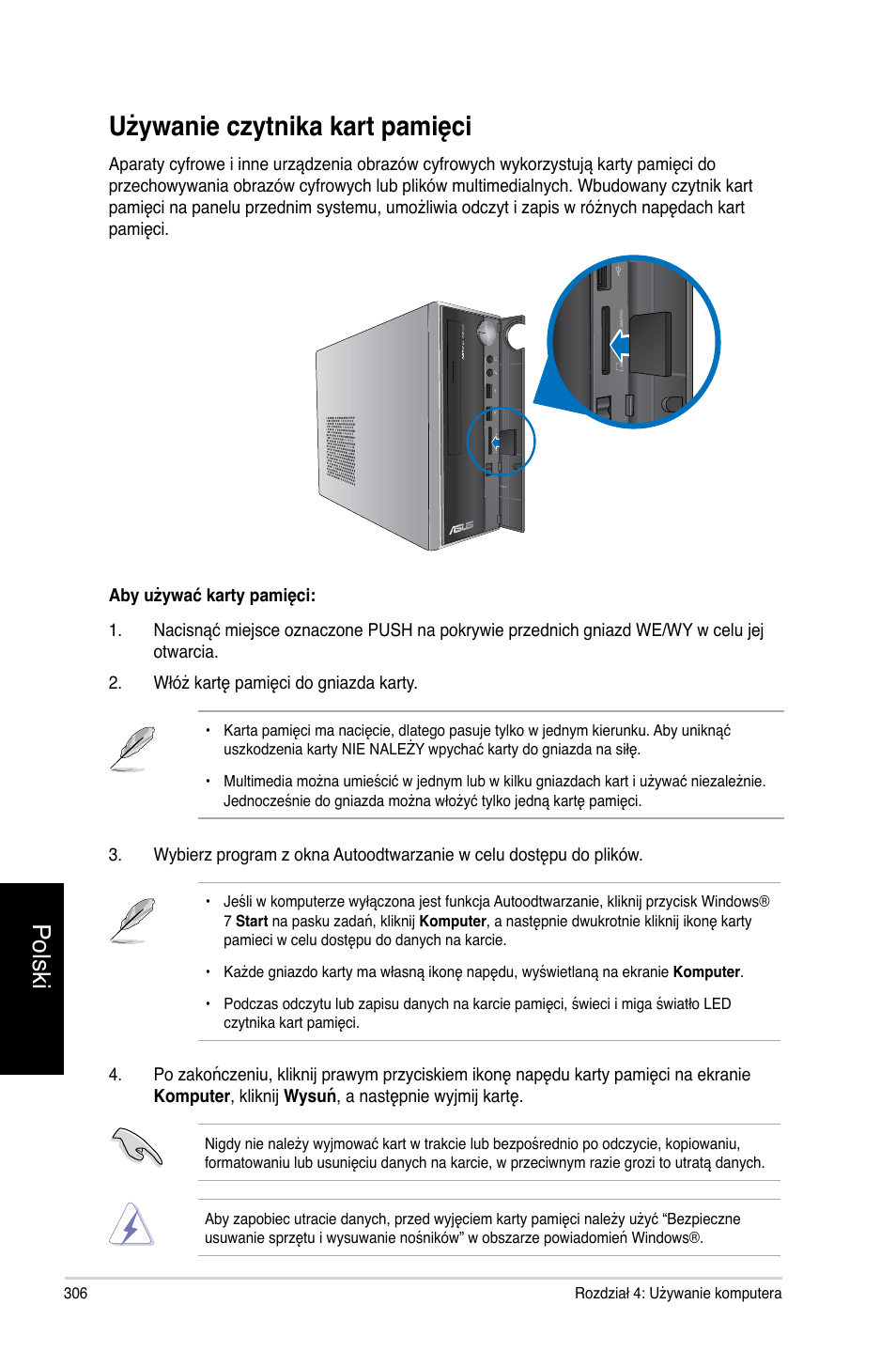 Używanie czytnika kart pamięci, Polski | Asus CP3130 User Manual | Page 308 / 478