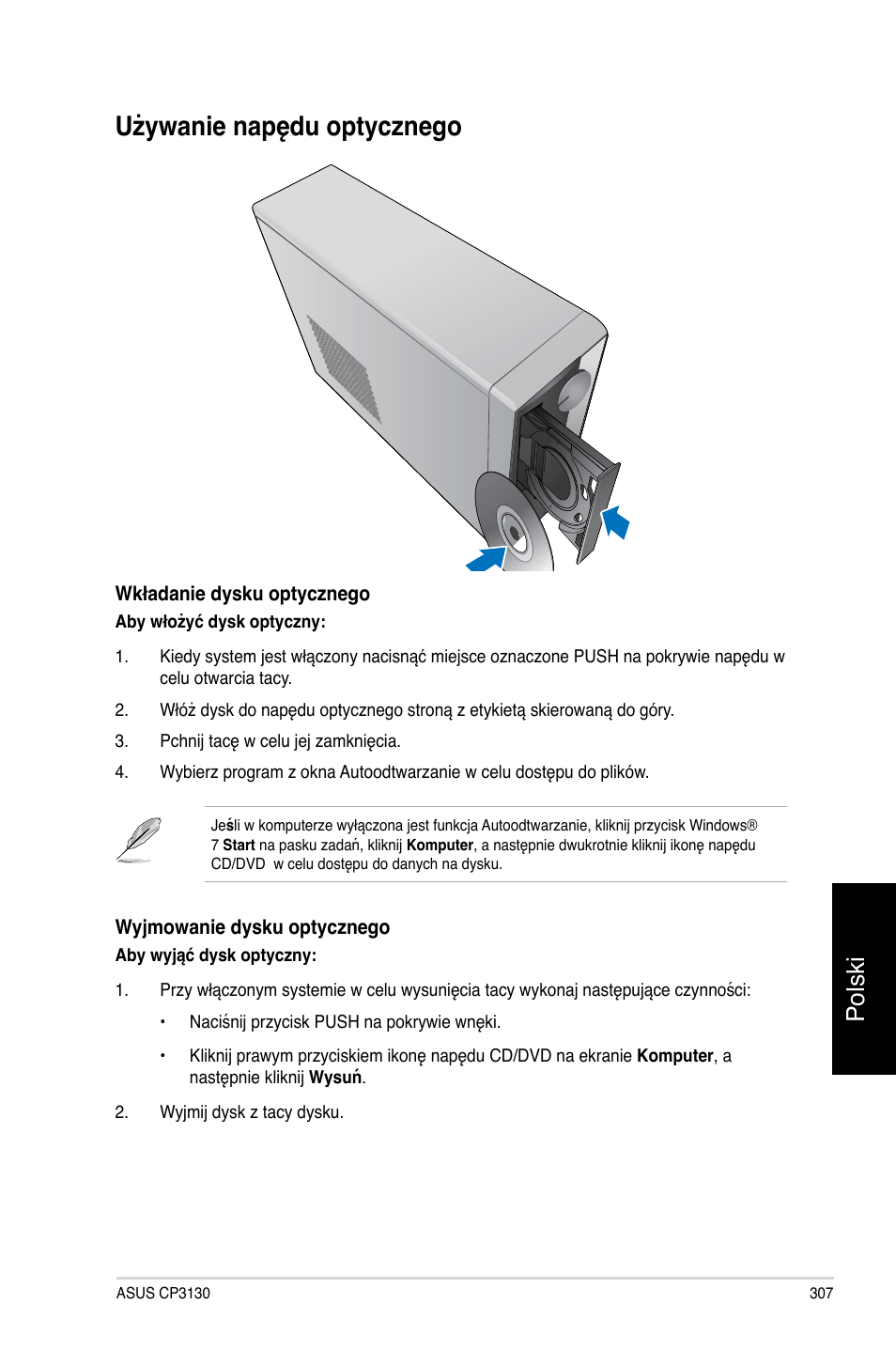 Używanie napędu optycznego, Polski | Asus CP3130 User Manual | Page 309 / 478