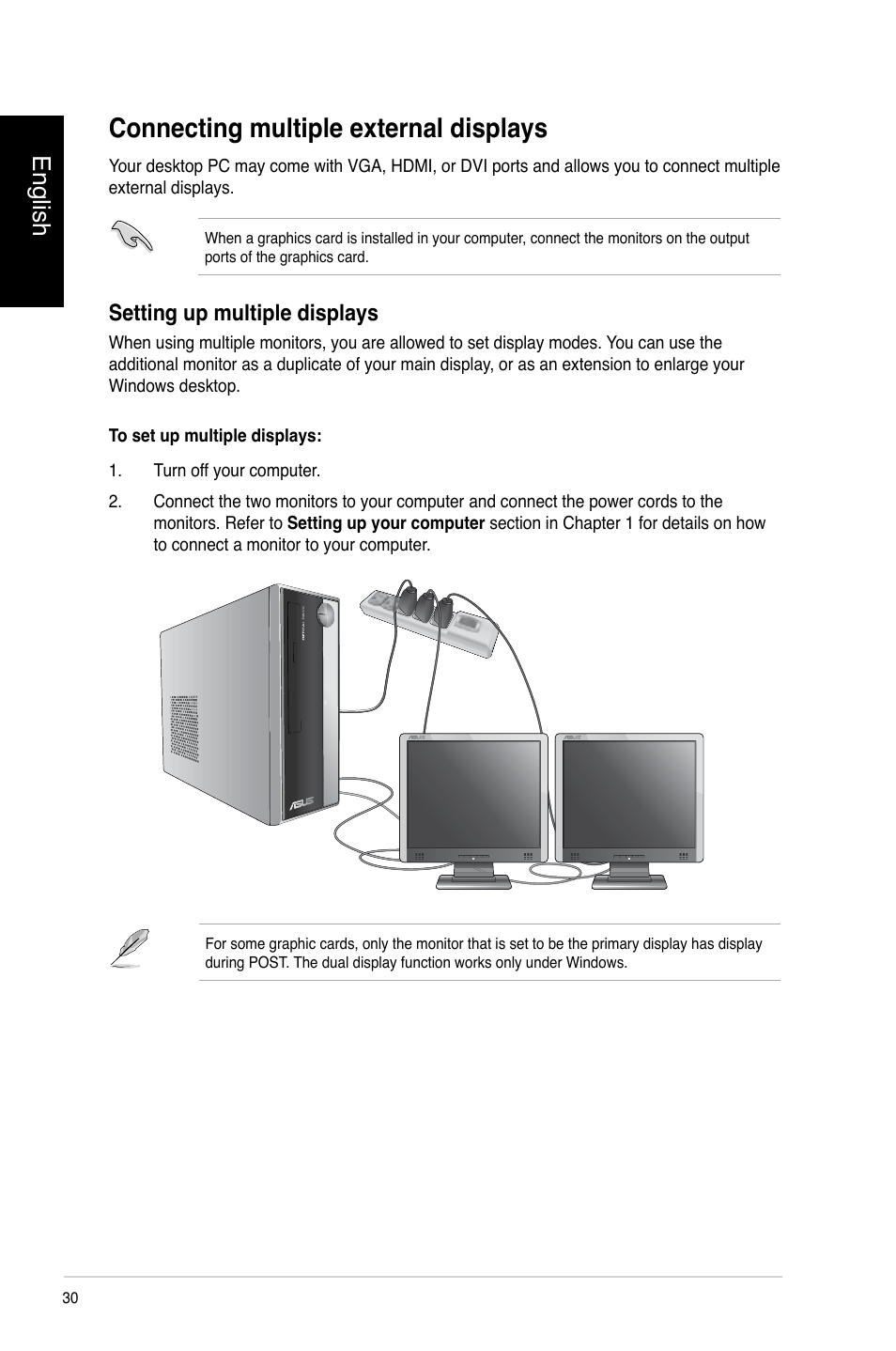 Connecting multiple external displays, English, Setting up multiple displays | Asus CP3130 User Manual | Page 32 / 478