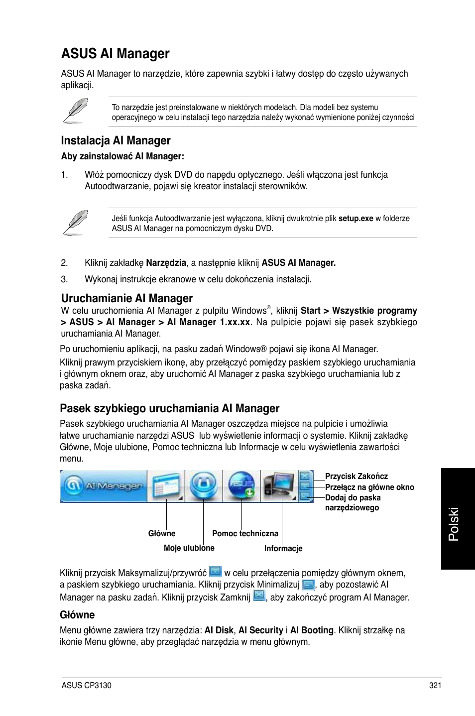 Asus ai manager, Polski, Pasek szybkiego uruchamiania ai manager | Instalacja ai manager, Uruchamianie ai manager | Asus CP3130 User Manual | Page 323 / 478